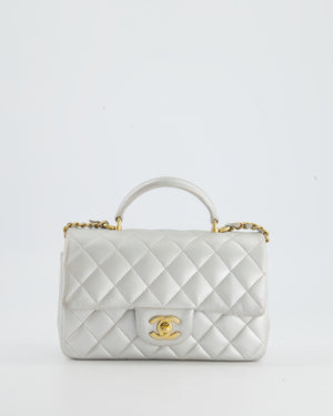 Chanel Silver Metallic Mini Rectangular Top Handle Bag in Lambskin Leather with Brushed Gold Hardware