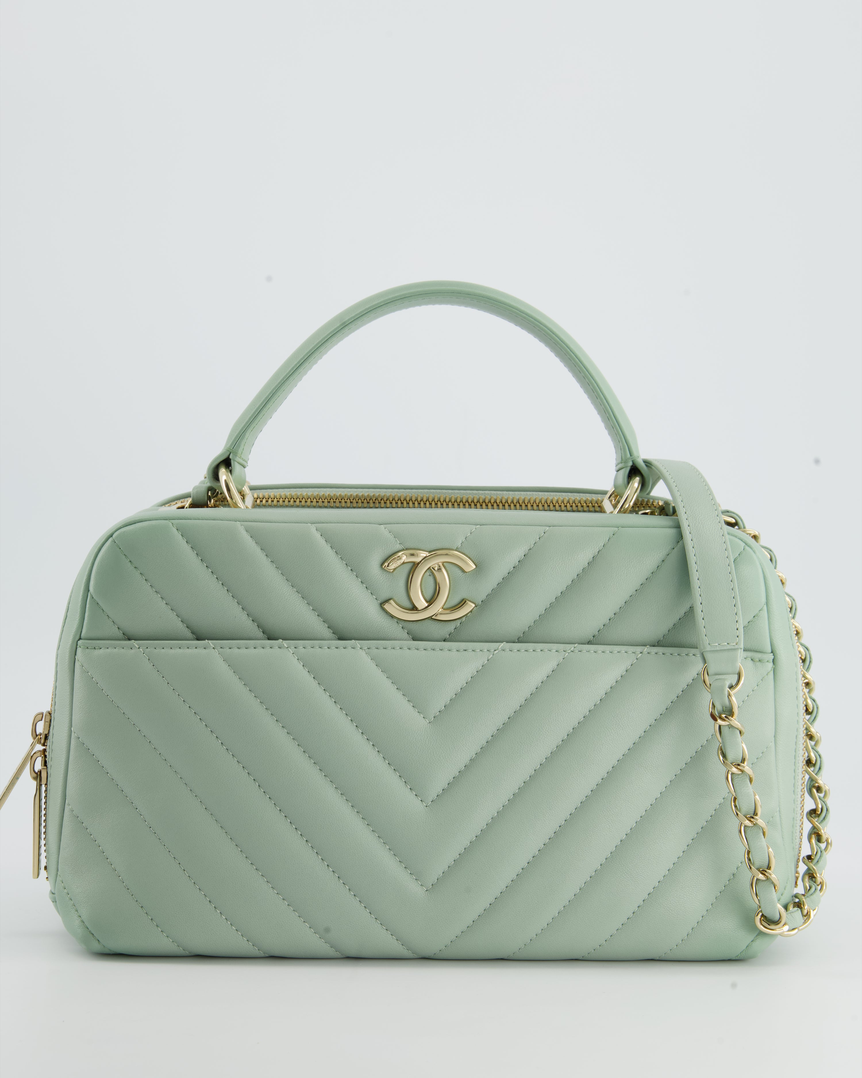 Chanel Mint Green Trendy Bowling Bag in Lambskin Leather and Champagne –  Sellier