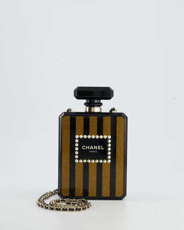 *COLLECTORS* Chanel Black and Glittered Gold Glittered Plexiglass Perfume Bottle with Pearl Detail