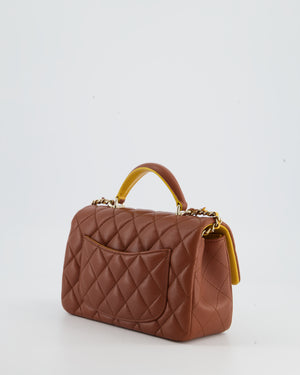 *HOT* Chanel Brown & Yellow Mini Rectangular Top Handle Flap Bag in Lambskin with Champagne Gold Hardware