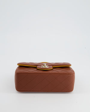*HOT* Chanel Brown & Yellow Mini Rectangular Top Handle Flap Bag in Lambskin with Champagne Gold Hardware
