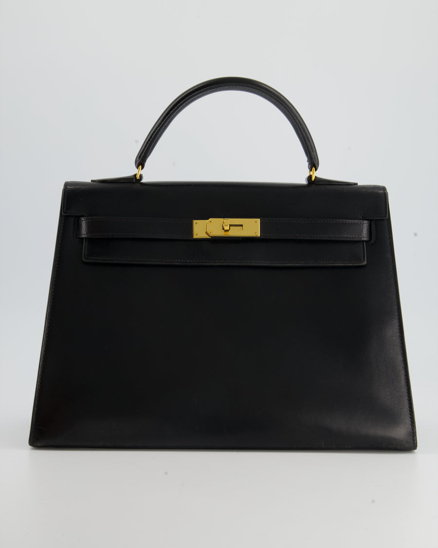 Hermès Vintage Kelly 32 Sellier Bag in Black Box Calf Leather with Gol
