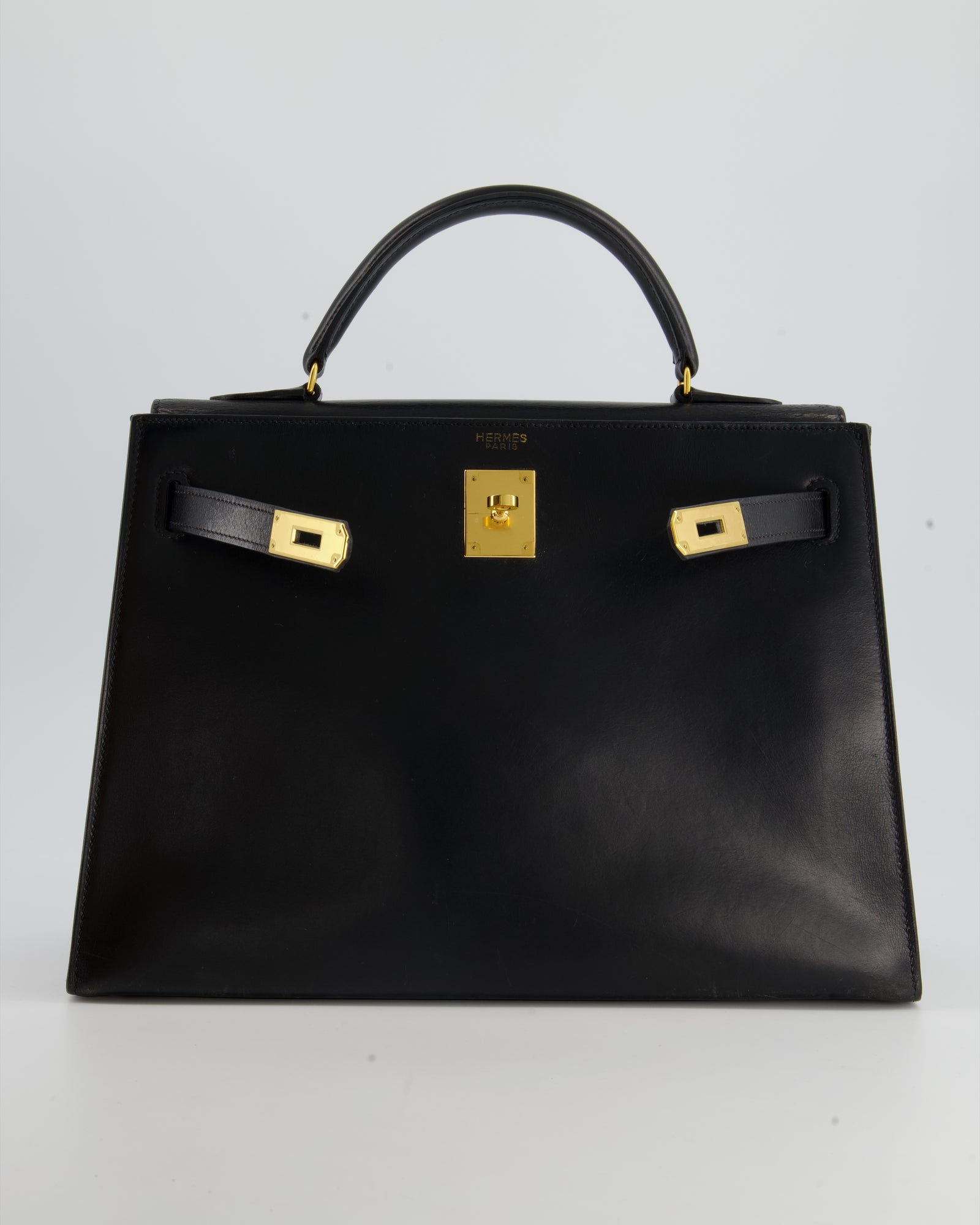 Hermès Vintage Kelly 32 Sellier Bag in Black Box Calf Leather with Gol