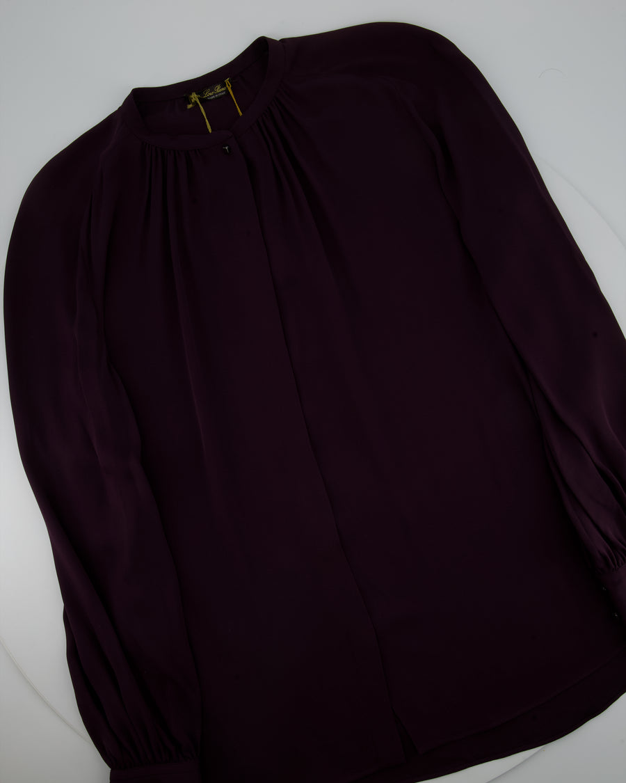 Loro Piana Dark Purple Matt Long-Sleeve Collarless Silk Shirt