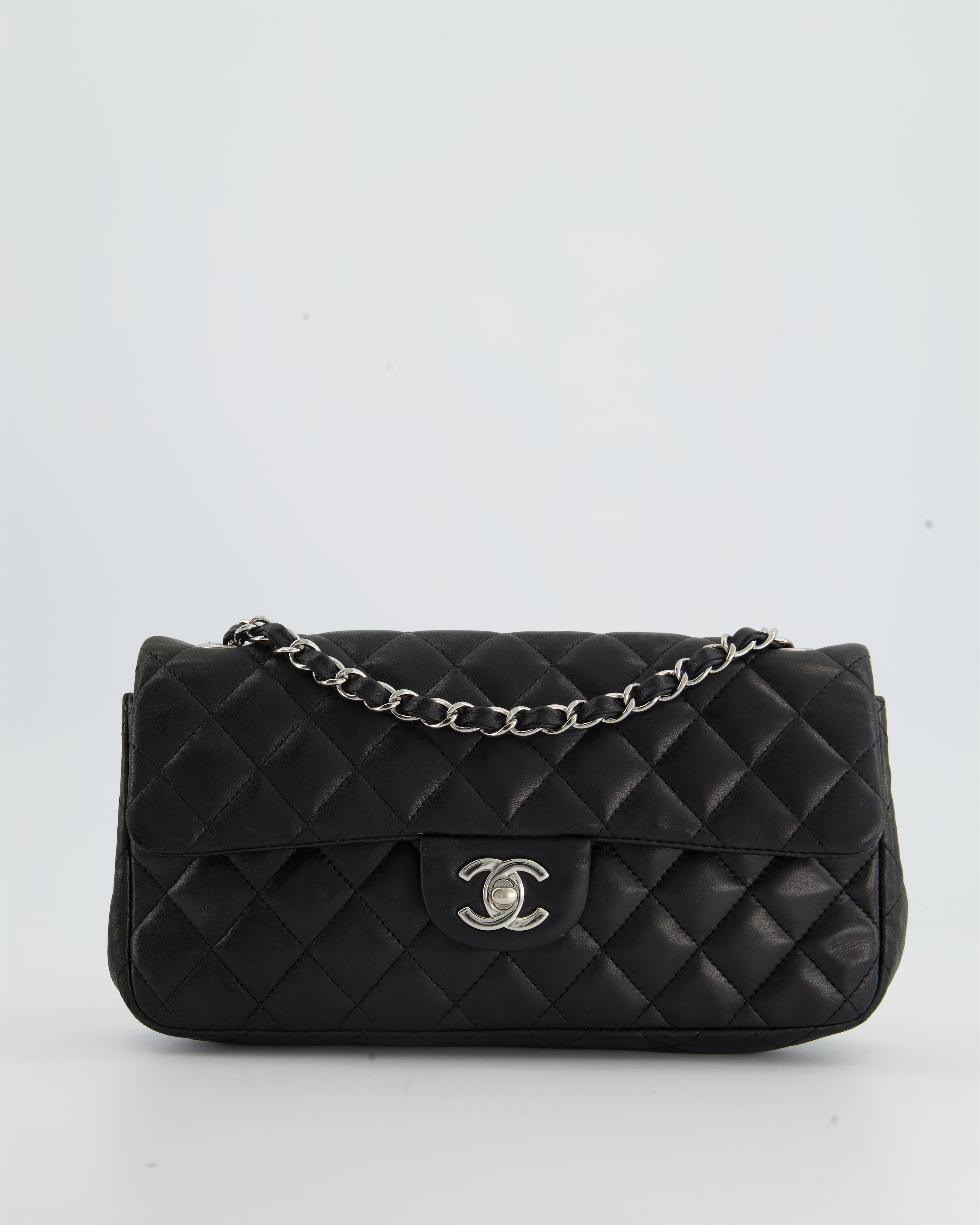 Chanel 12077632 Black Lambskin East West Flap Bag in Silver