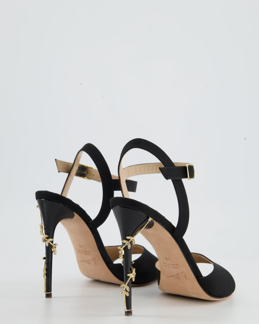 Di Minno Black Satin Simple Strap Heel with Gold Leaf Heel Detail Size EU 38