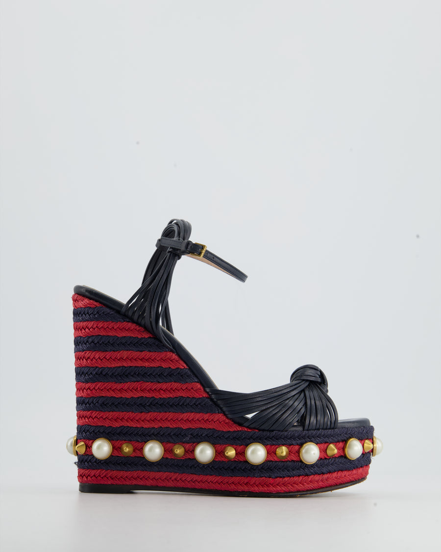 Gucci Navy and Red Pearl Spiked Strap Wedges Size EU 37.5