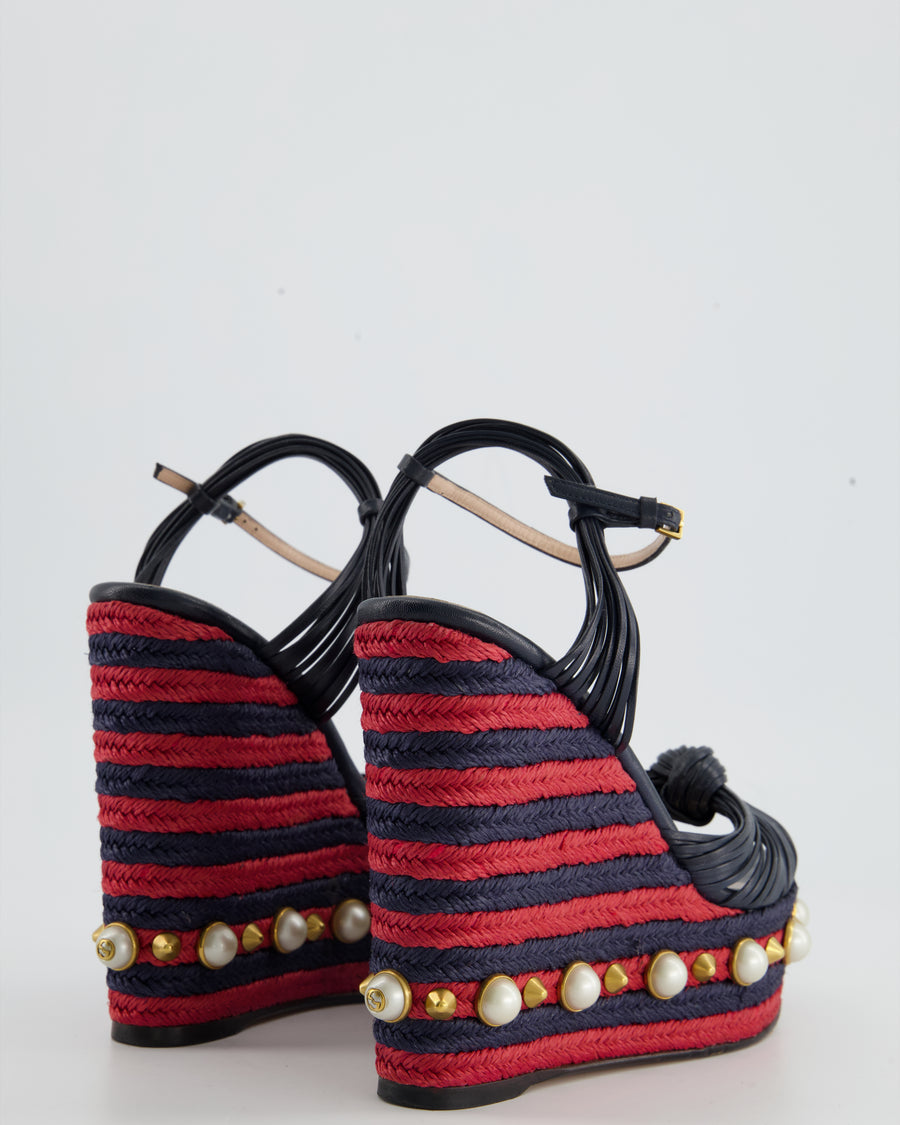 Gucci Navy and Red Pearl Spiked Strap Wedges Size EU 37.5