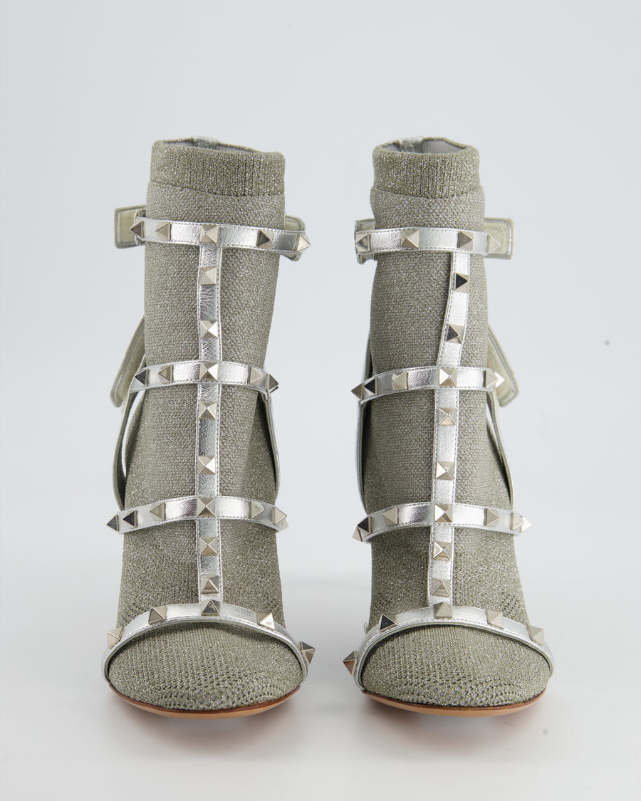 Valentino Metallic Silver Rockstud Sock Boot Size EU 37