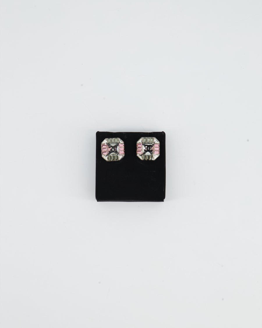 Chanel Pink and Clear Crystal Hexagon Earrings with CC Logo