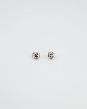 Chanel Pink and Clear Crystal Hexagon Earrings with CC Logo