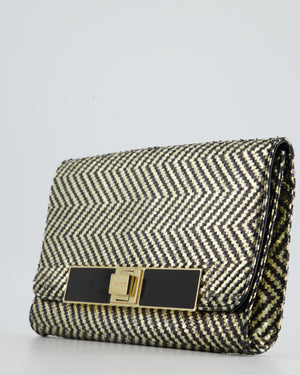 Jimmy Choo Black and Gold Python Embossed Zig Zag Clutch Bag with Gold Chain Strap