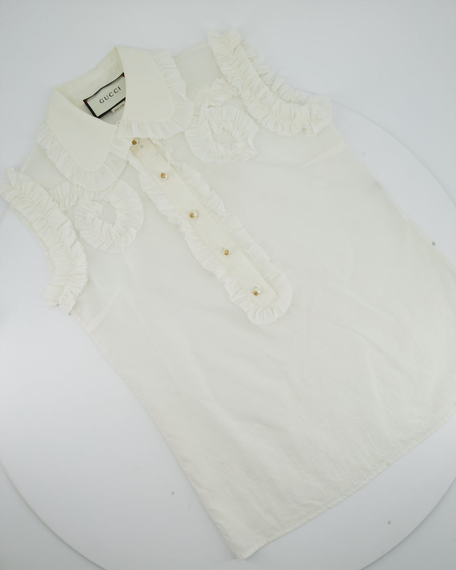 Gucci White Ruched Short Sleeve Blouse with Pearl GG Detailing IT 38 (UK 6)