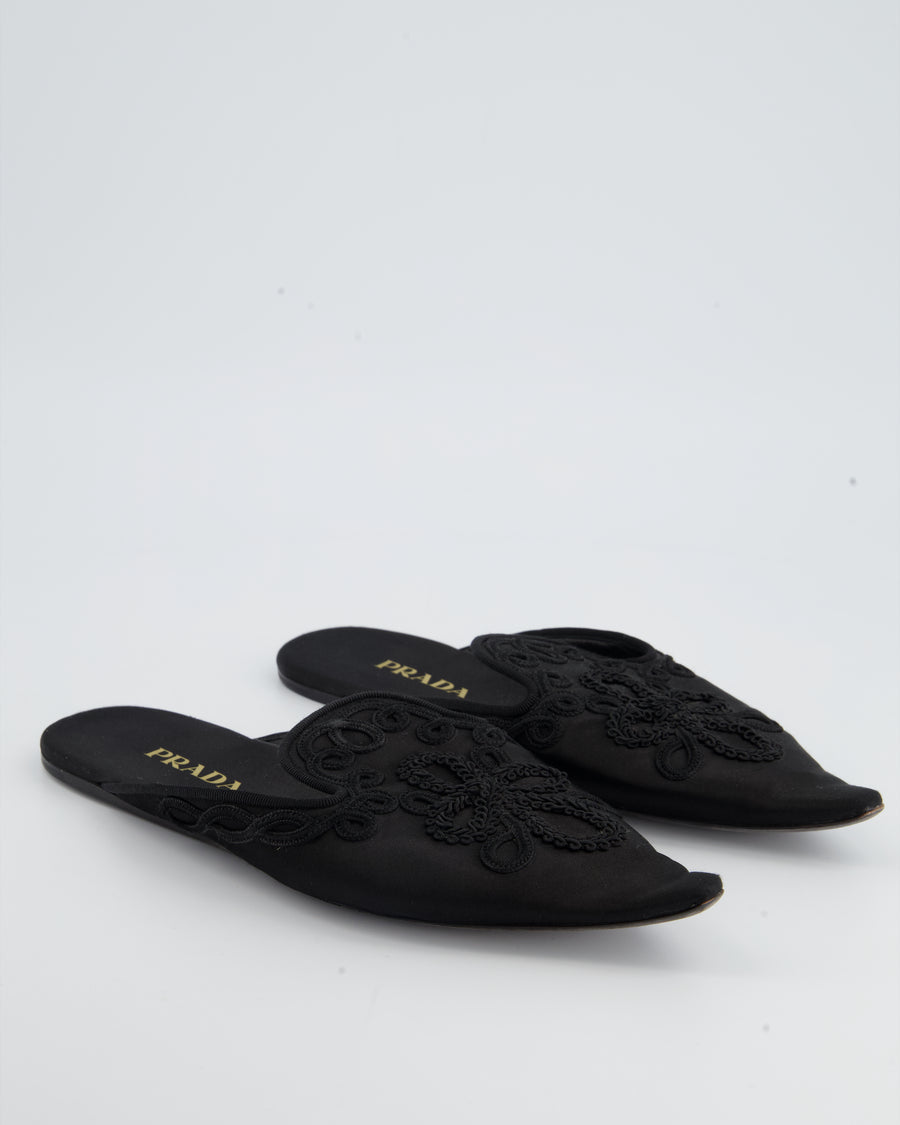 Prada Black Satin Embellished Mules with Pointed Toe Size EU 39