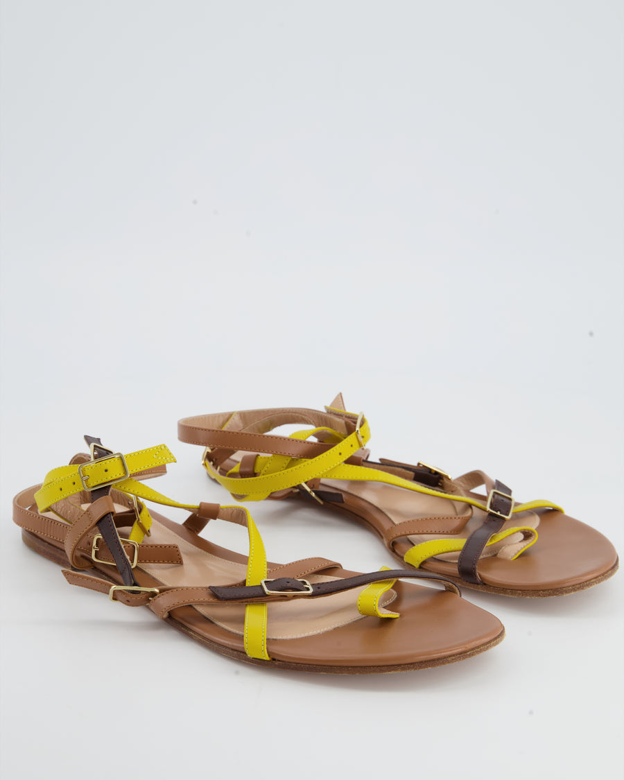 Gianvito Rossi Tan and Yellow Strap Flat Sandals Size EU 40