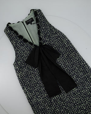 Chanel Navy, White, & Green Tweed V-Neck Mini Dress with Woven Black Bow Detail FR 34 (UK 6)