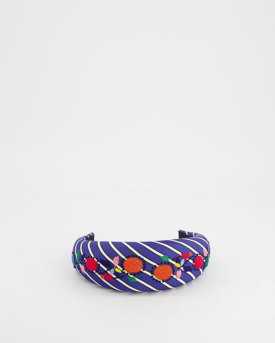 Prada Blue Striped Headband with Embroidery Details