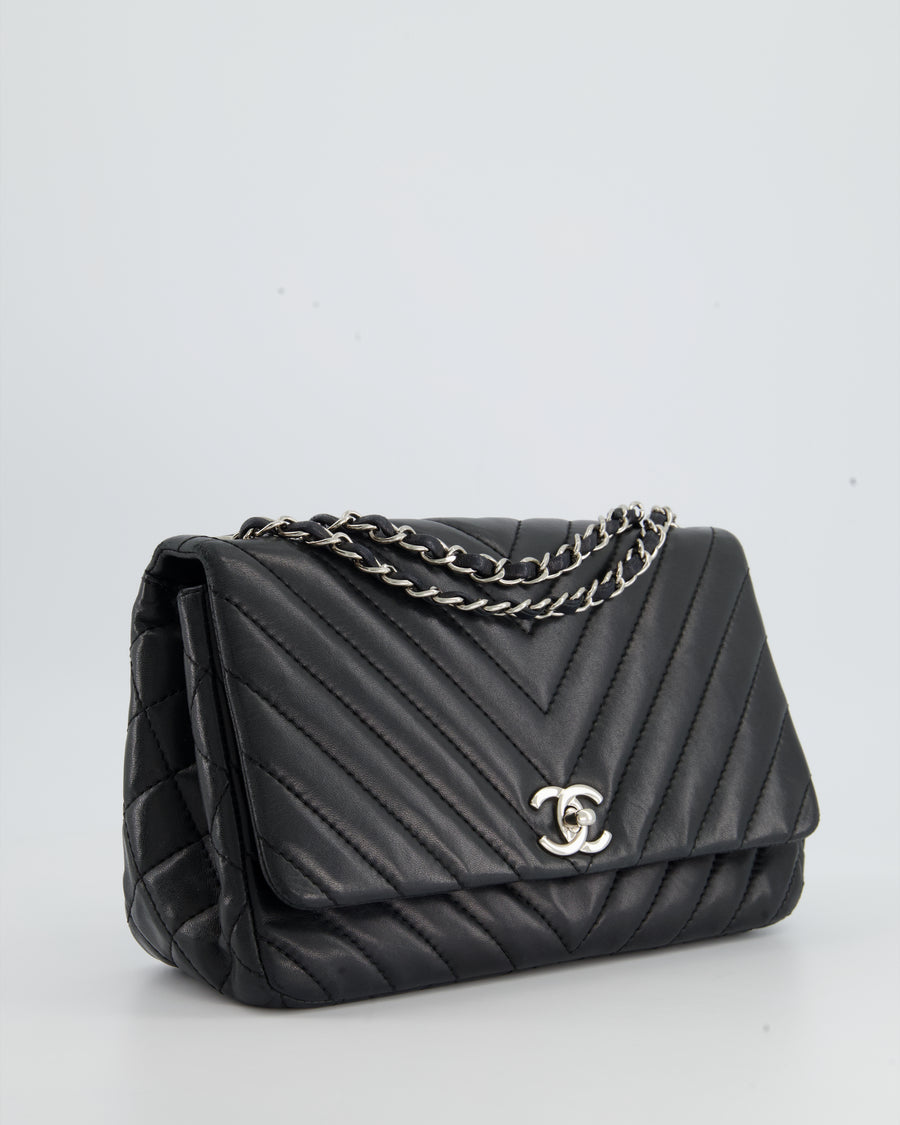 Chanel Black Chevron Single Flap Bag in Lambskin Leather with Silver Hardware