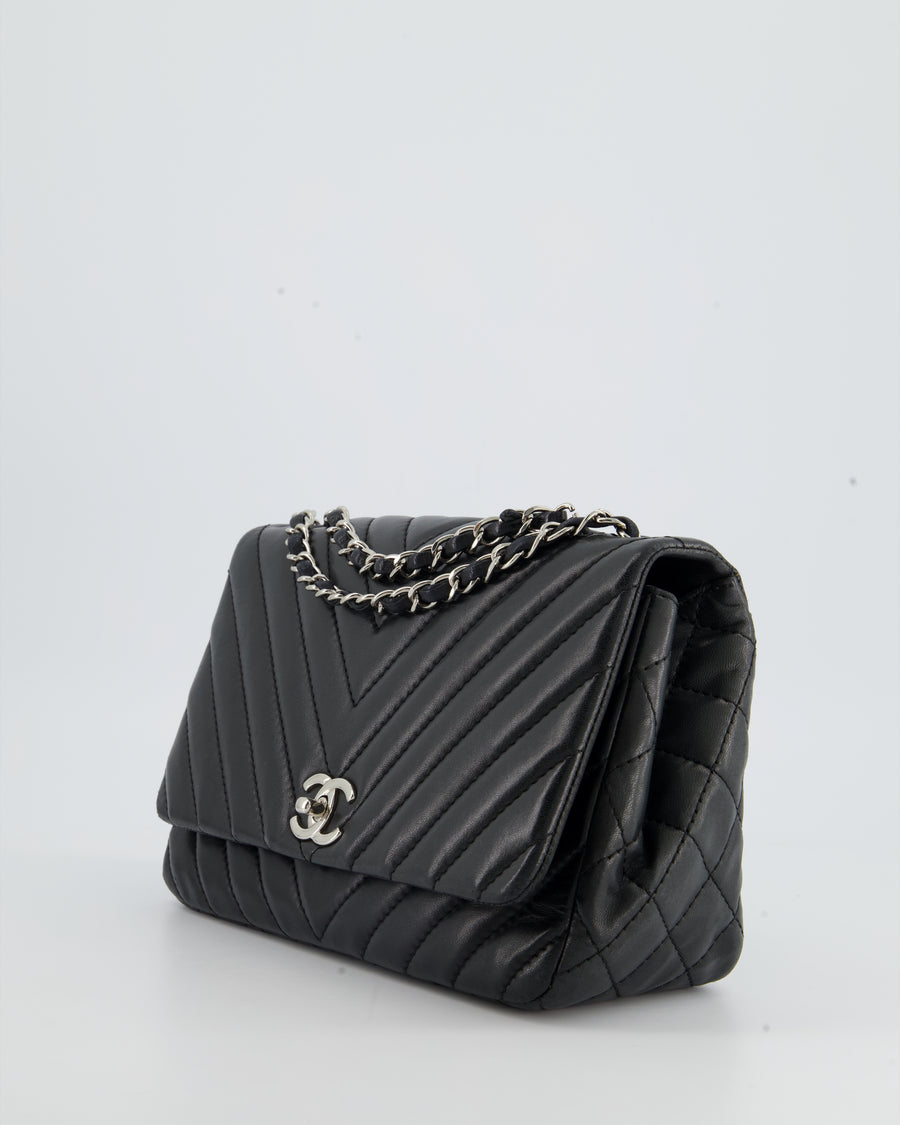 Chanel Black Chevron Single Flap Bag in Lambskin Leather with Silver Hardware