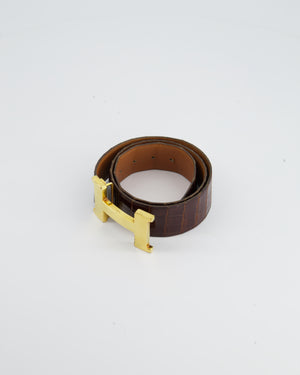 Hermès Vintage Brown Croc Belt with Gold H Buckle Size 80