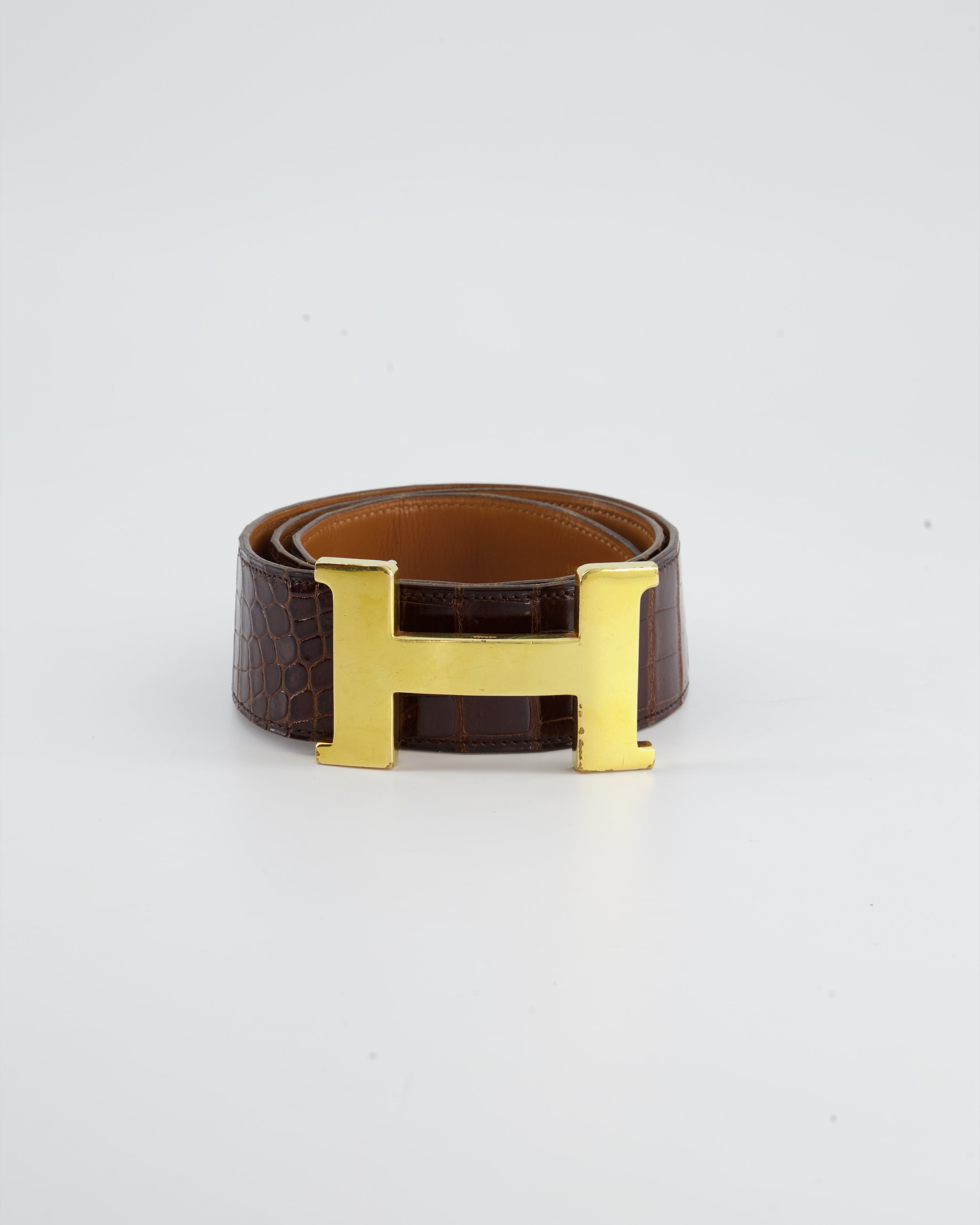 Belts Hermès Vintage Hermes Buckle H Belt 72 Brown Ostrich Leather & Box Gold Ostrich Belt
