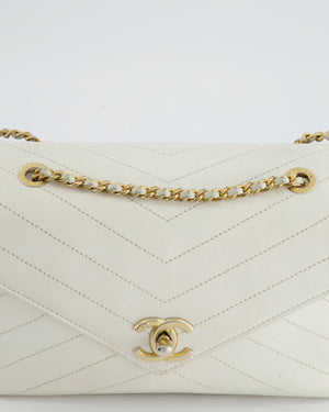 Chanel White Chevron Flap Bag in Calfskin Leather with Brushed Gold Hardware