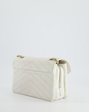 Chanel White Chevron Flap Bag in Calfskin Leather with Brushed Gold Hardware