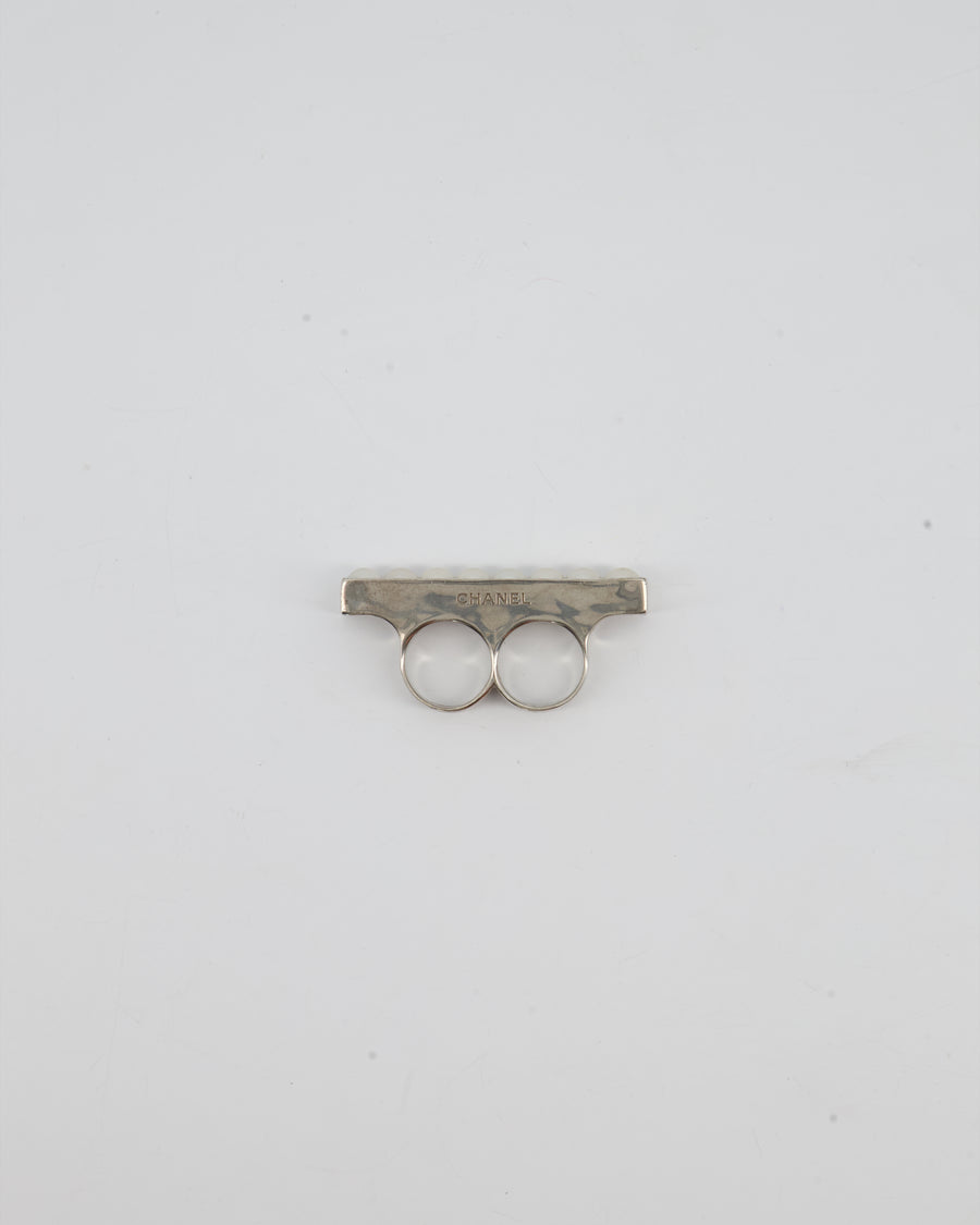 Chanel Double Pearl Ring with Silver Hardware
