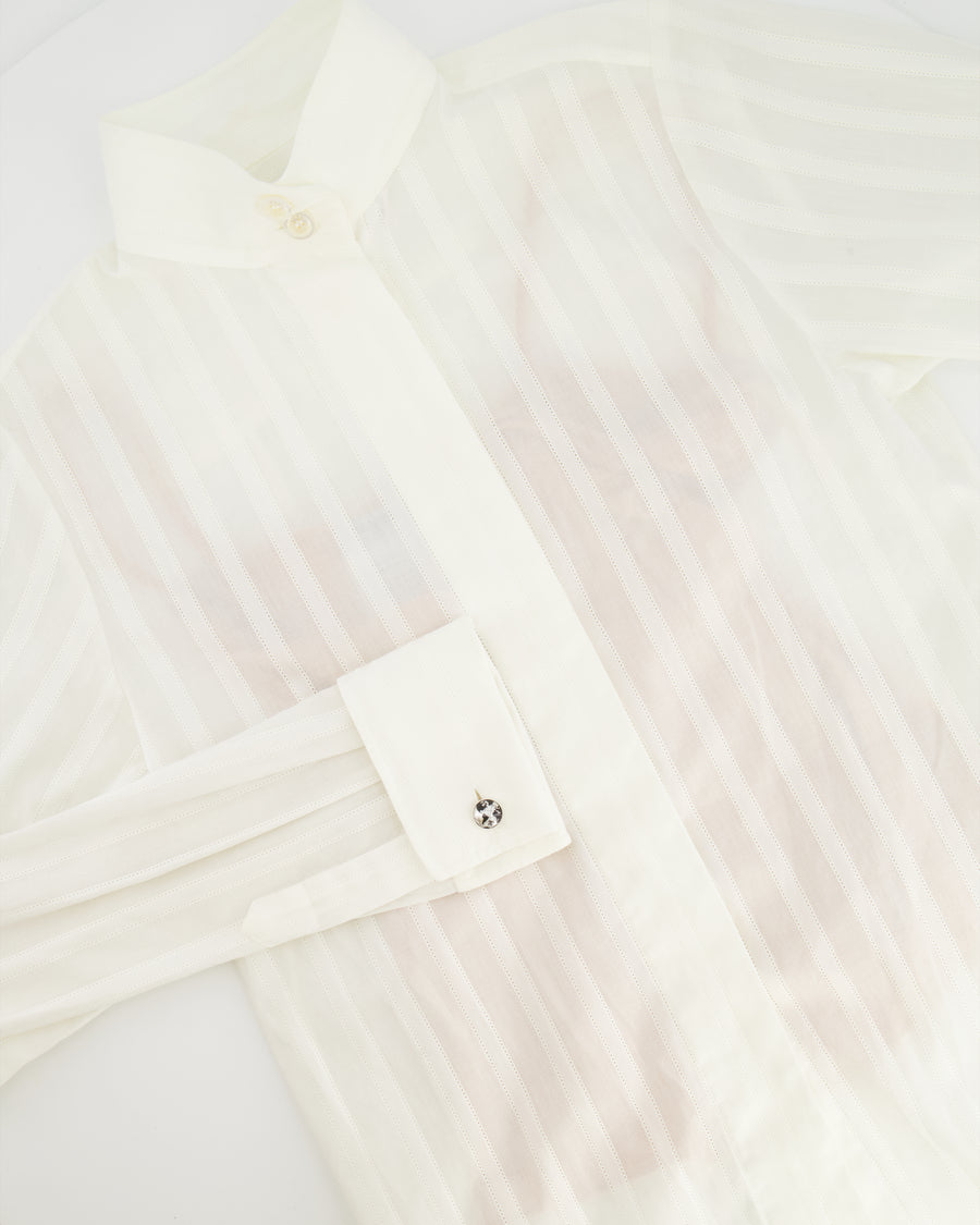 Chanel White Striped Button-up Shirt with Nude Camisole Vest Underlay Size FR 36 (UK 8)