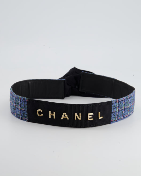 Chanel Black and Blue Tweed Adjustable Belt with Gold Logo