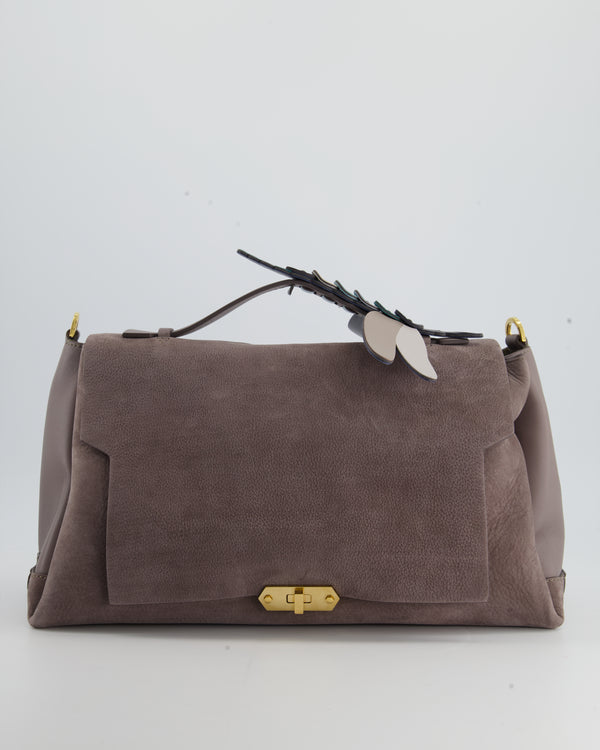 Anya Hindmarch Grey Suede Shoulder Bag with Blue Leather Charm Handle and Gold Hardware