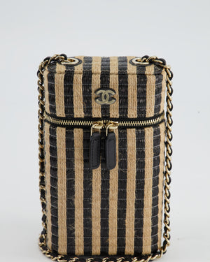 *HOT* Chanel Raffia Vanity 21P Beige and Black Cross-Body Bag with Champagne Gold Hardware