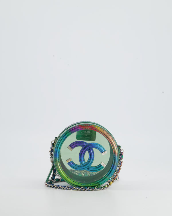 *HOT* Chanel Rainbow Green Filigree PVC CC Mini Round Crossbody Bag with Silver Hardware
