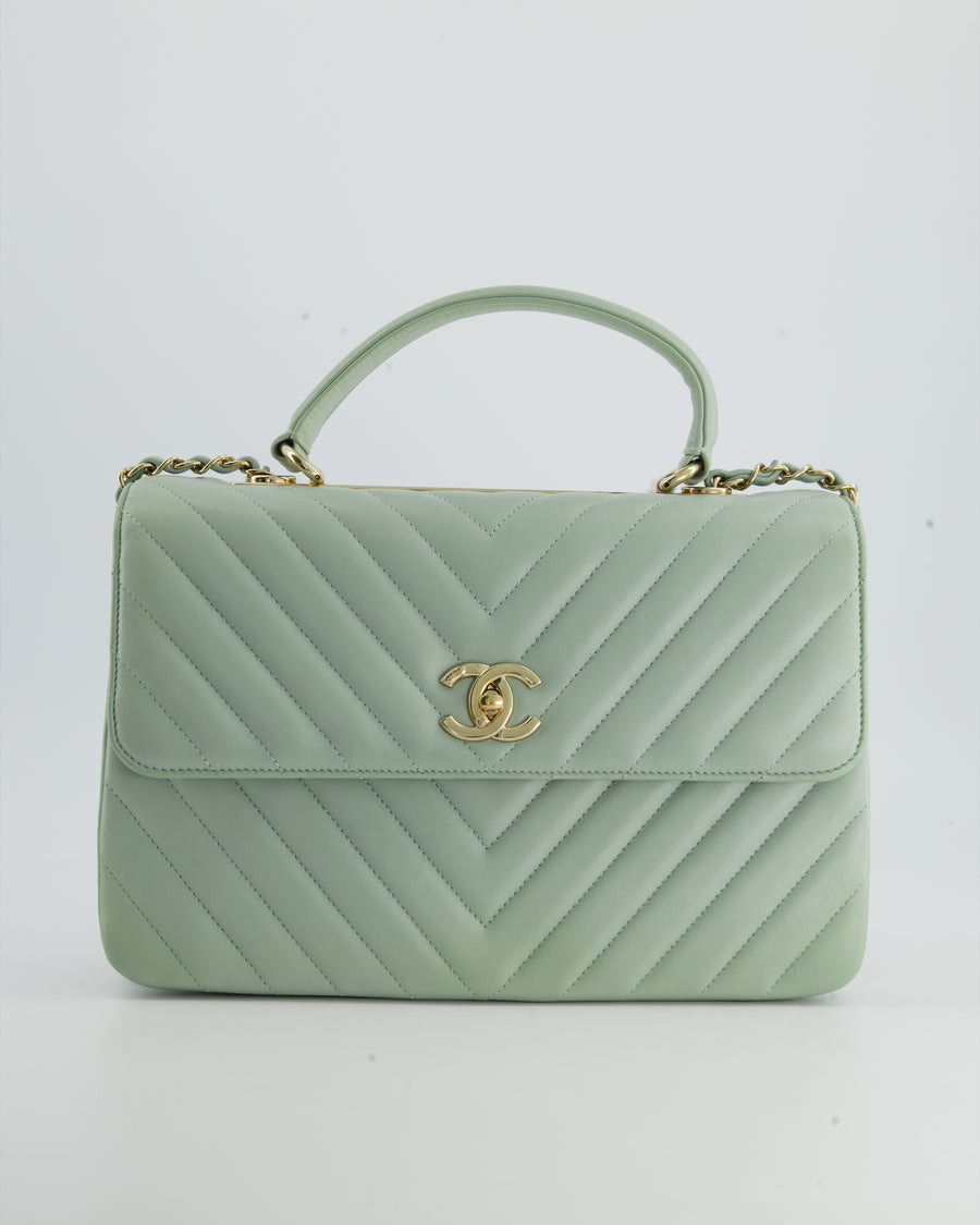 Chanel Mini Flap Bag Top Handle Lambskin Mint Green Champagne Hardware