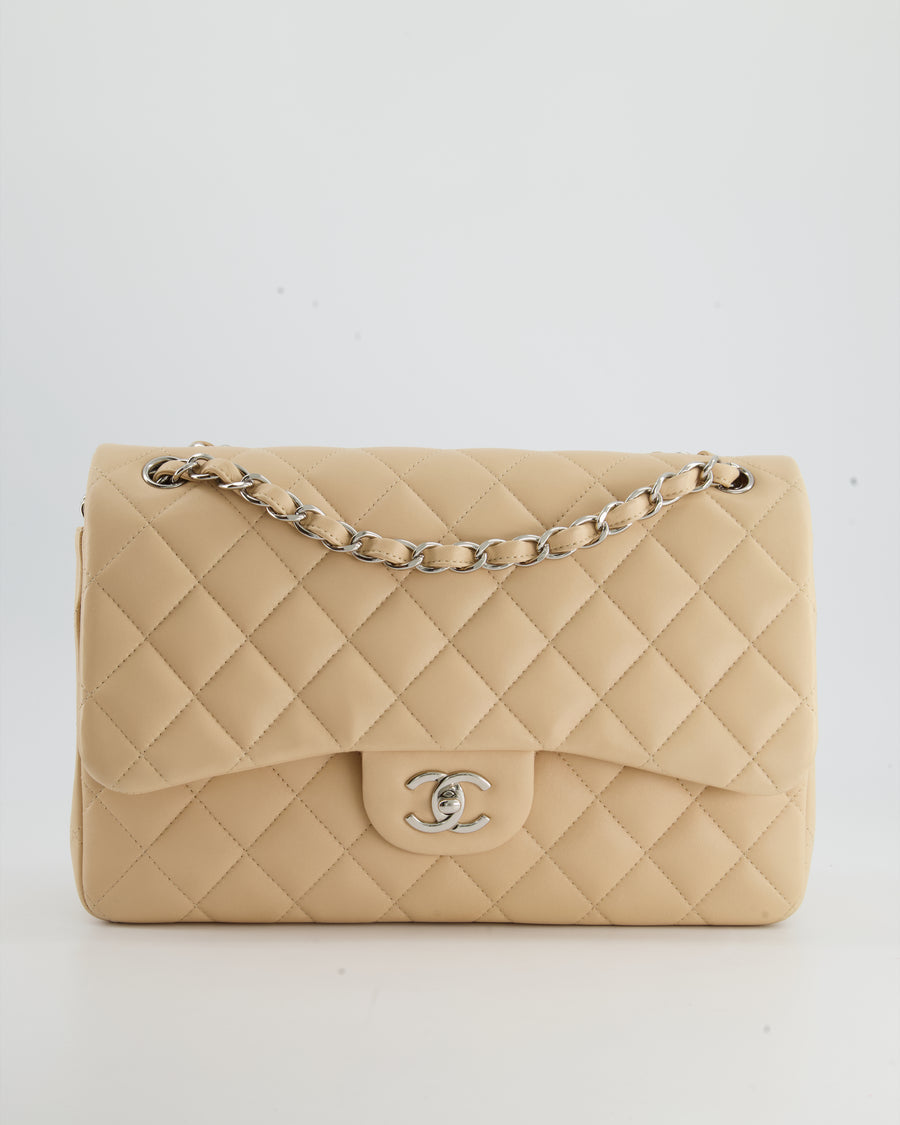 Chanel Beige Jumbo Classic Double Flap Bag in Lambskin with Silver