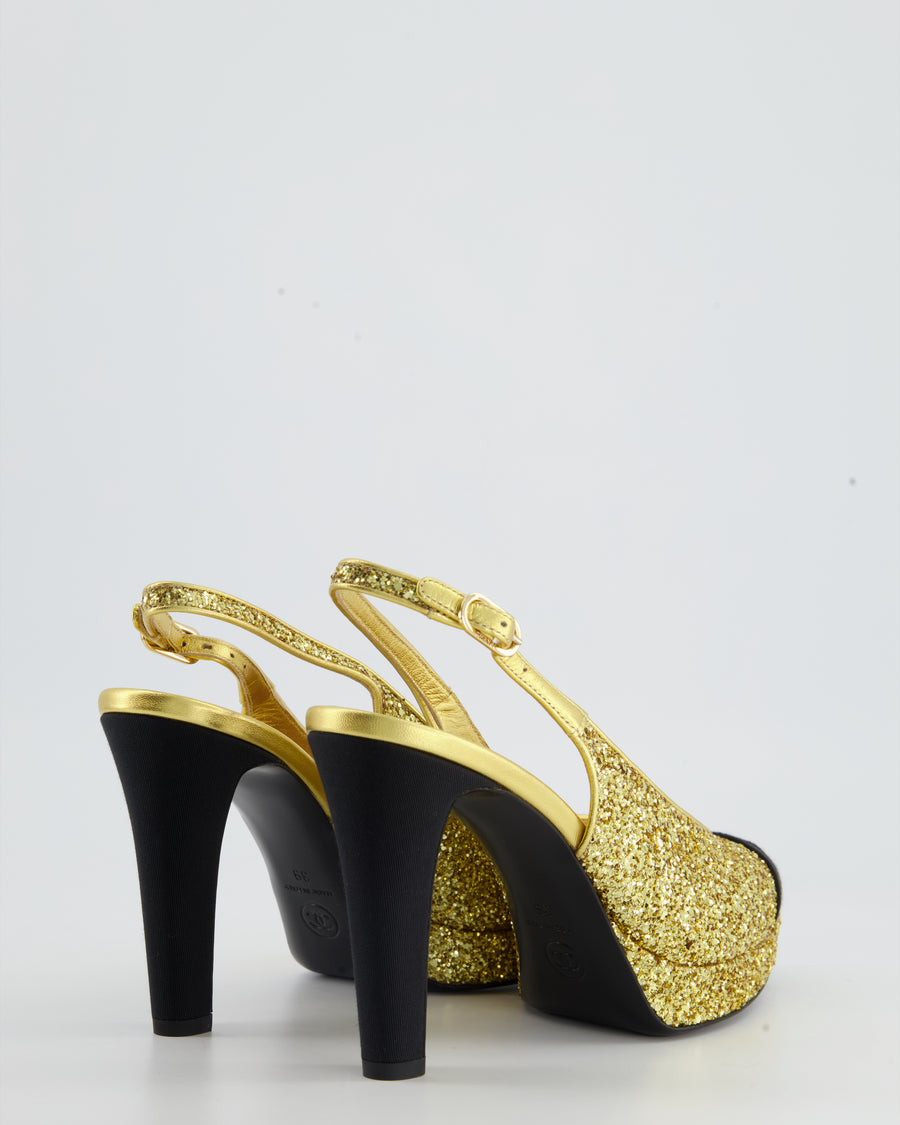 *HOT* Chanel Gold and Black Glitter Slingback Heels with CC Embellishment EU Size 39