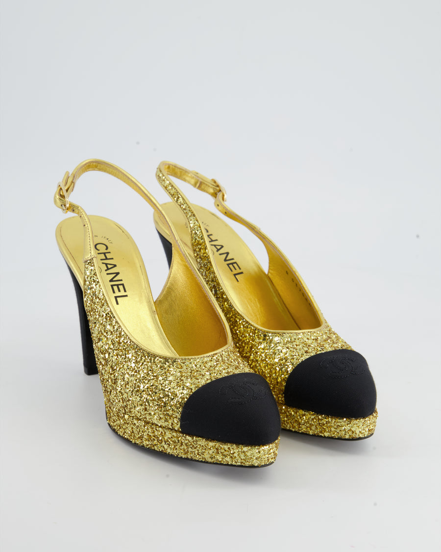 *HOT* Chanel Gold and Black Glitter Slingback Heels with CC Embellishment EU Size 39