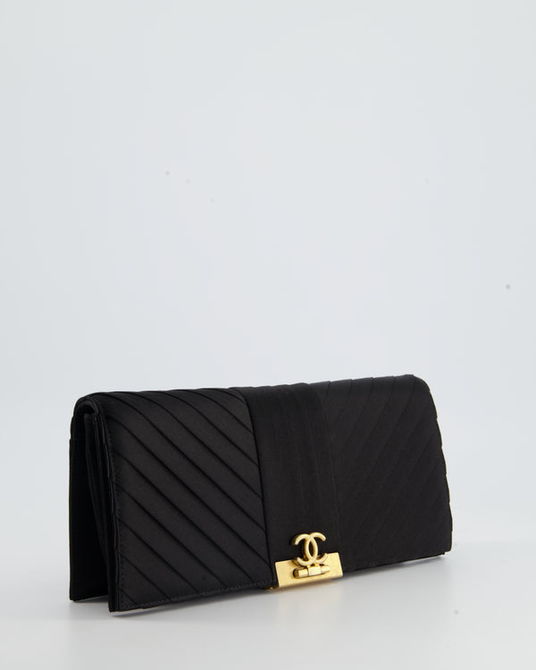 Chanel Black Satin Long-Line Clutch Bag with Brushed Gold Hardware and CC Detail