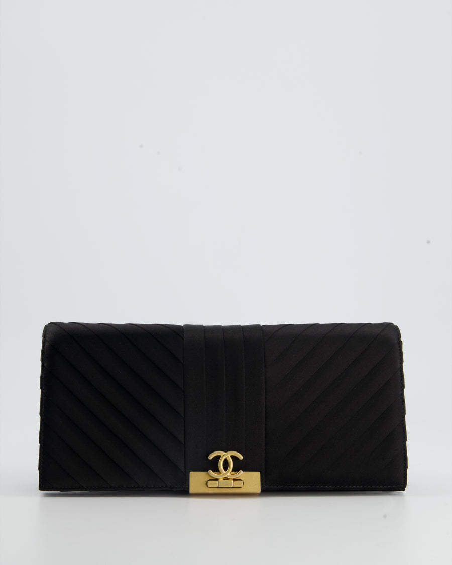 Chanel Black Satin Long-Line Clutch Bag with Brushed Gold Hardware