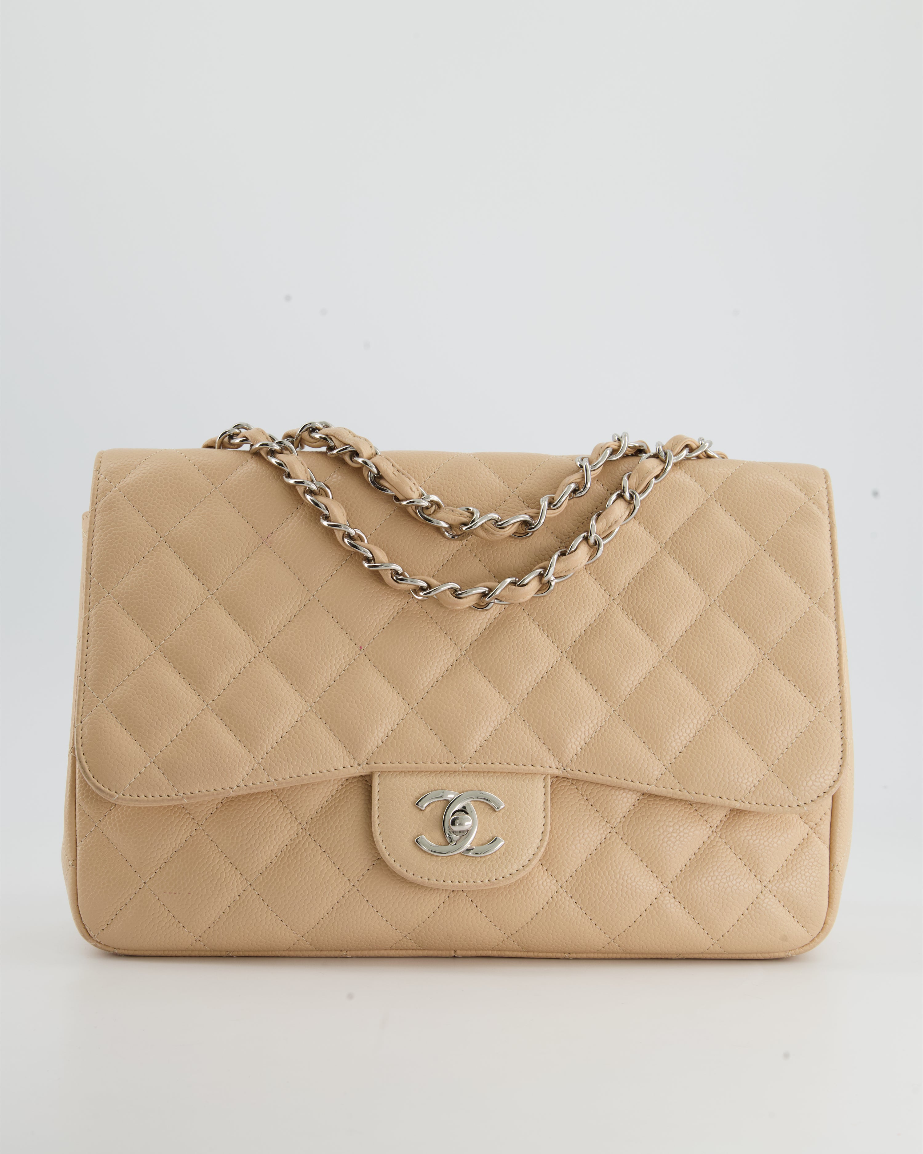 Chanel Classic Stitched CC Bowler Beige Caviar Quilted Leather Satchel Bag