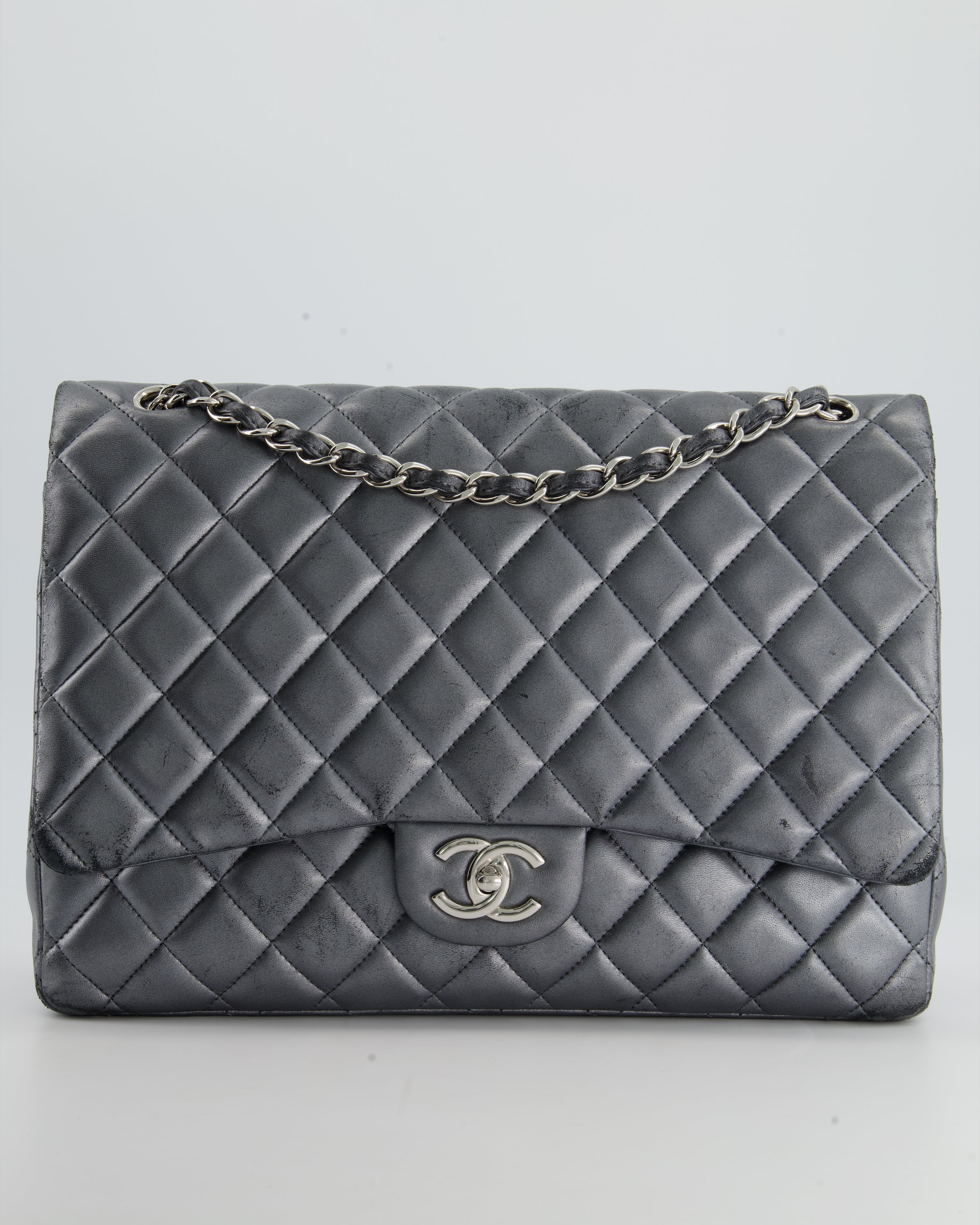 *Fire Price* Chanel Silver Metallic Classic Maxi Double Flap Bag in Lambskin Leather With Silver Hardware RRP £9,760