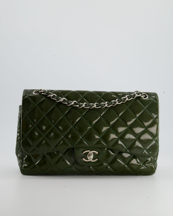Chanel Olive Green Patent Classic Jumbo Double Flap Bag with Silver Hardware RRP £9,240