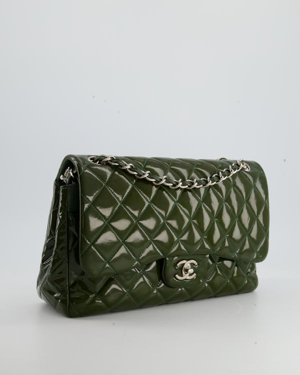 Chanel Olive Green Patent Classic Jumbo Double Flap Bag with Silver Hardware RRP £9,240