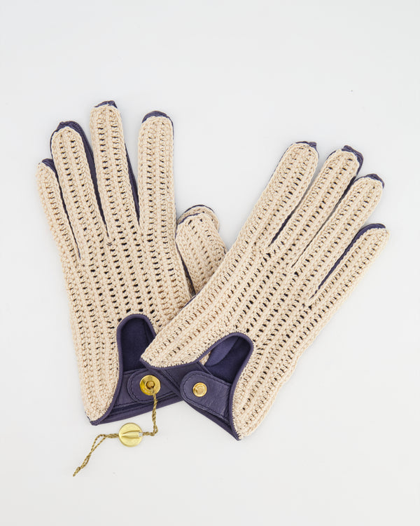 Loro Piana Beige and Navy Crochet Leather Gloves Size XS RRP £430