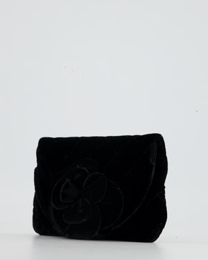 Chanel Black Velvet Diamond Clutch Bag with Camellia Detailing
