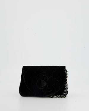 Chanel Black Velvet Diamond Clutch Bag with Camellia Detailing