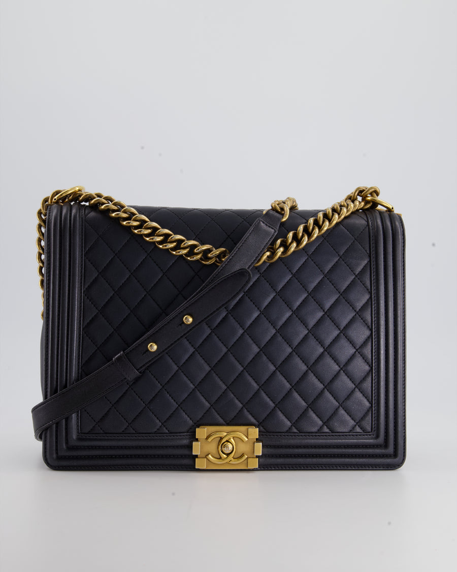 Chanel Navy Maxi Flap Boy Bag in Lambskin with Antique Gold Hardware