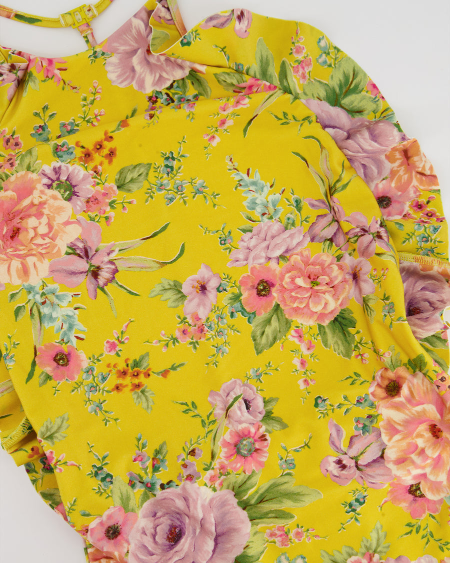 Zimmermann Yellow Ruffle Floral Halter Neck Swimsuit Size UK 12