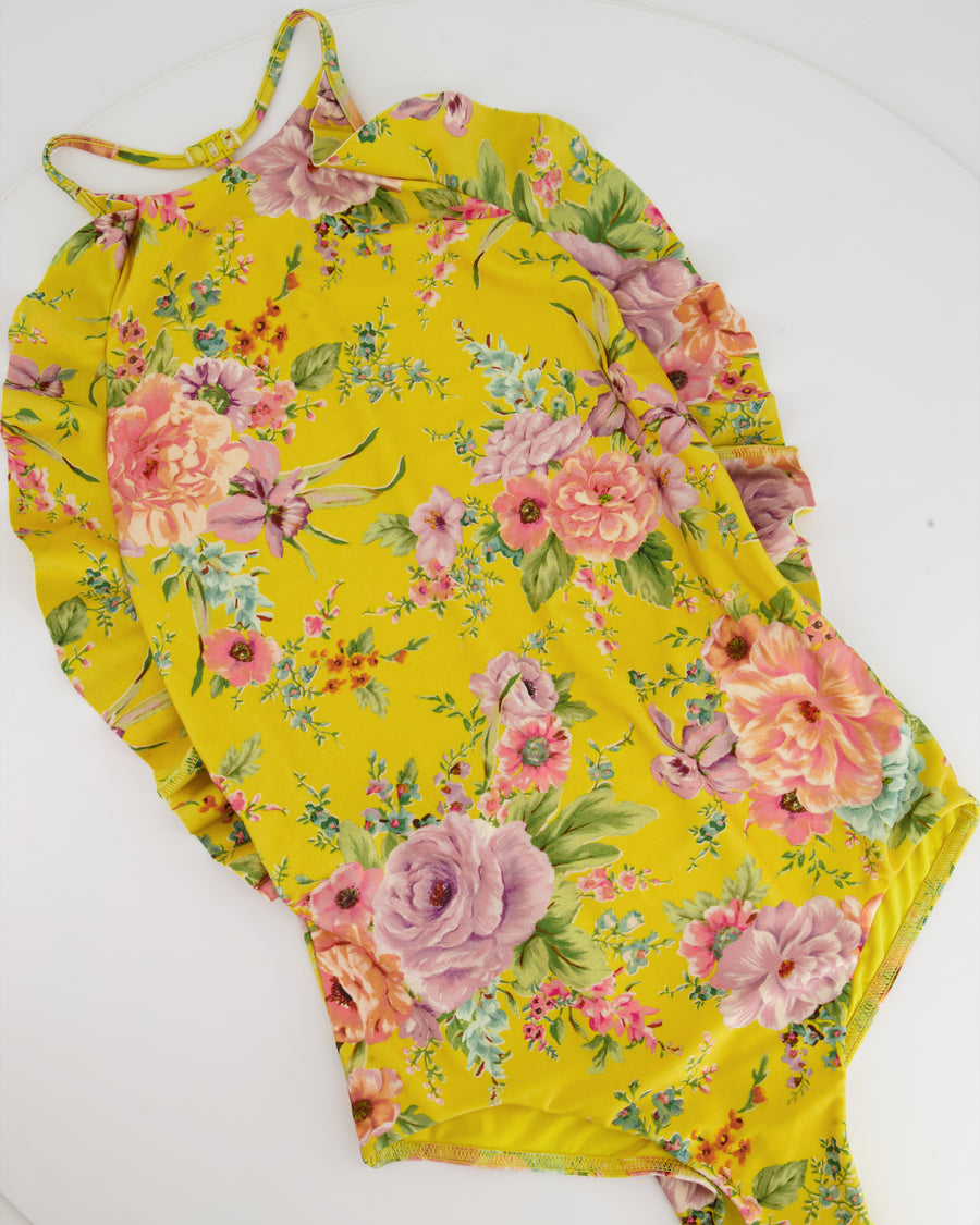 Zimmermann Yellow Ruffle Floral Halter Neck Swimsuit Size UK 12