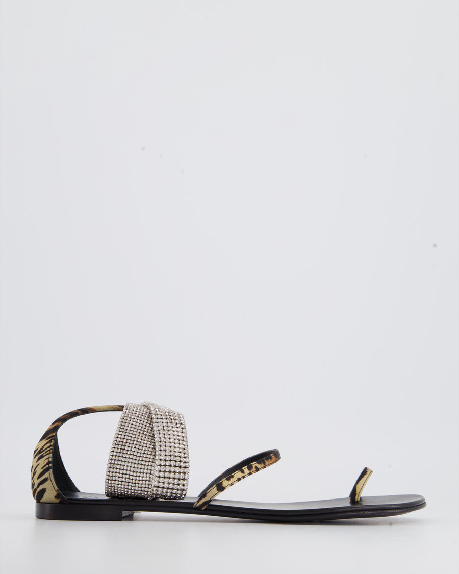 Giuseppe Zanotti Black Sandals with Silk Leopard Print and Crystal Detail Size EU 39